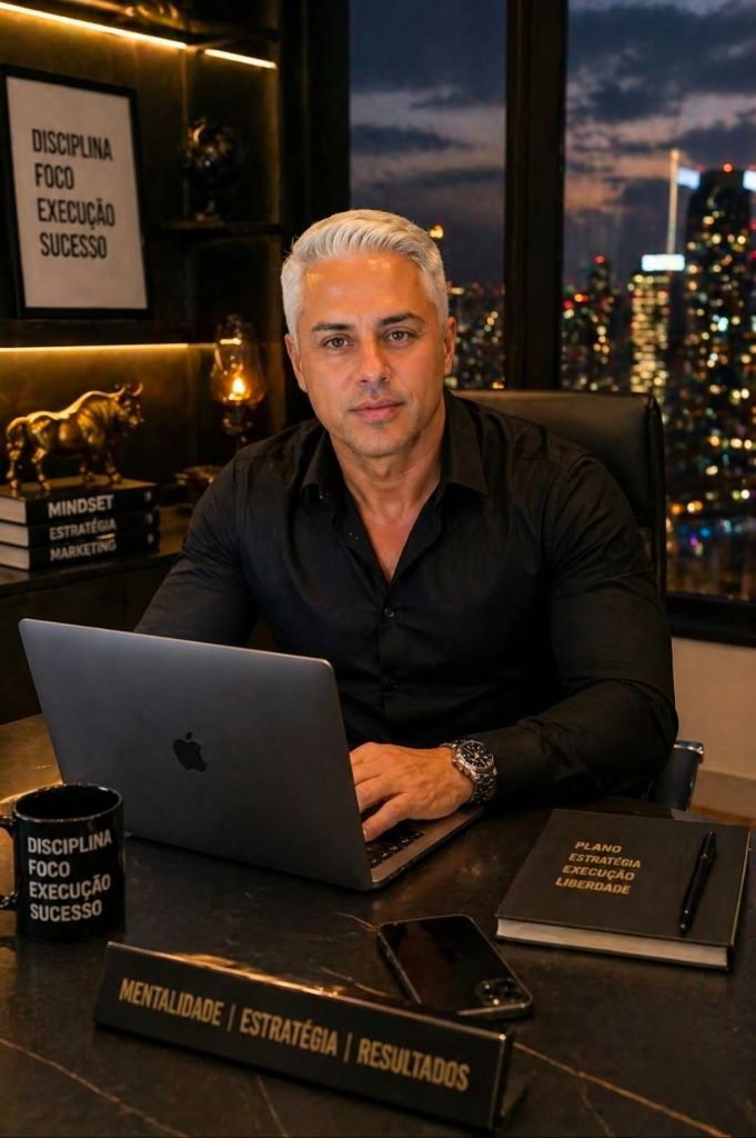 Fundador da Inova Gestão em seu escritório, trabalhando em um notebook